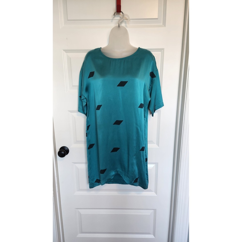 Vintage Sunshine Shadow Teal Silk Diamond Print Short Sleeve Dress Size 2 - Picture 9 of 11